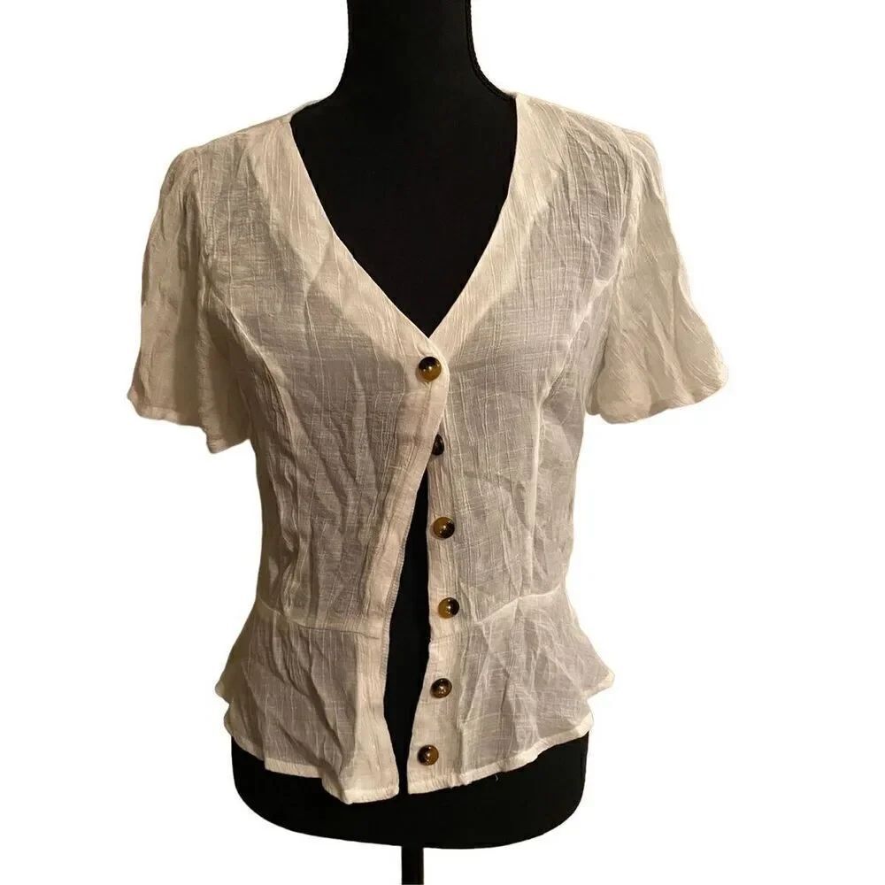 Lily White Short Sleeve Button Up Peplum Blouse White Size Medium
